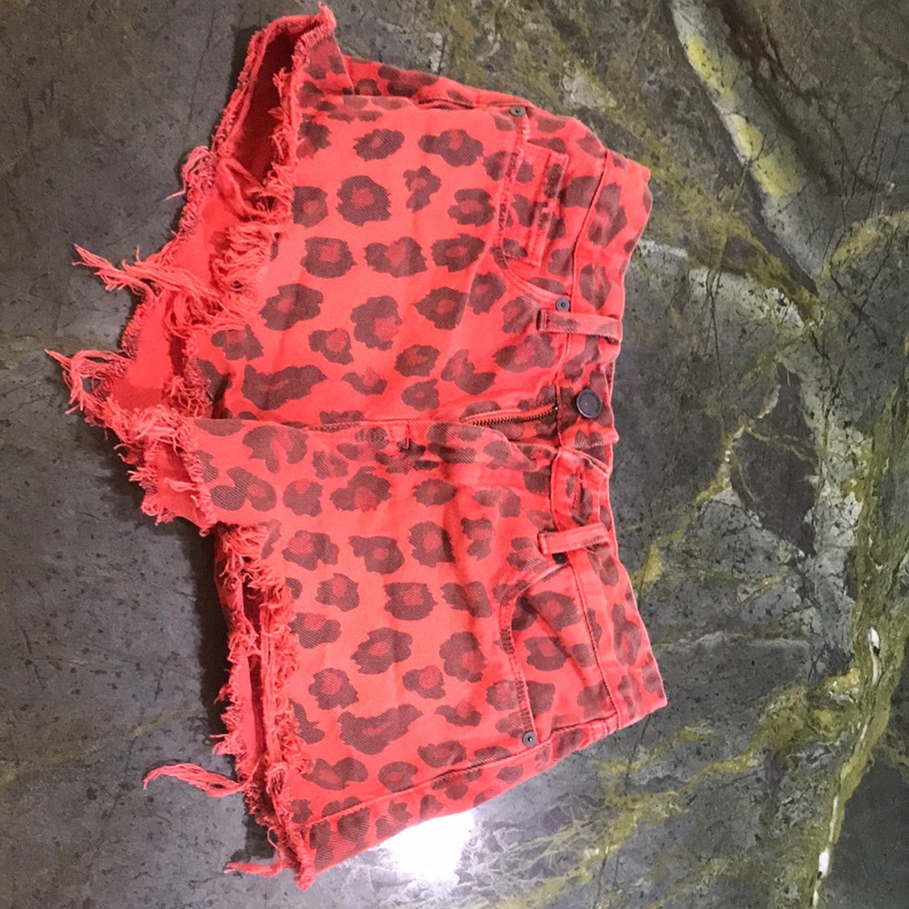 Red leopard print denim jean shorts